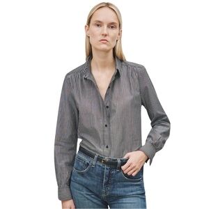 NWT NILI LOTAN Sabrina Blouse Black White Stripe Button Front Cotton Poplin Sz M